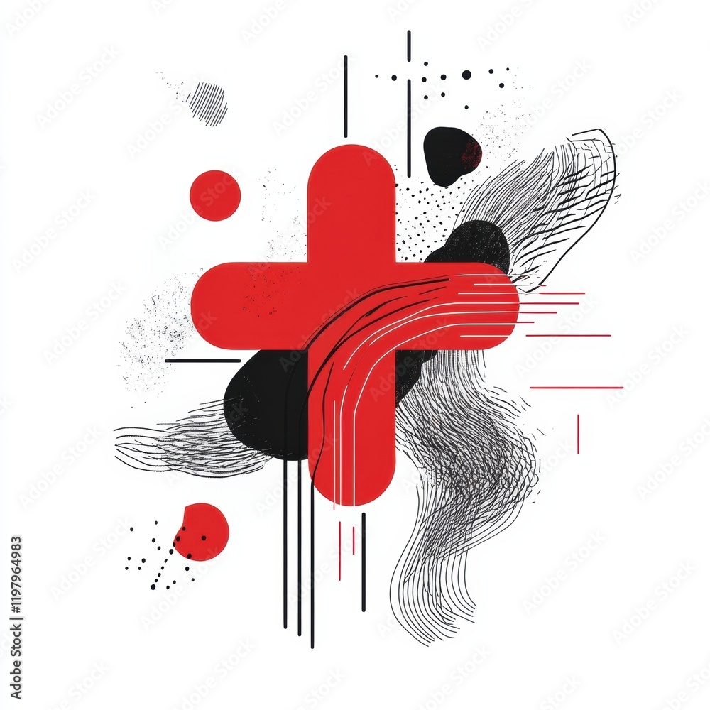 Poster Prominent red cross abstraction with dynamic shapes and lines in a modern artistic style. Generative AI