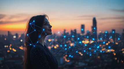 Fototapeta premium Abstract business man stands on the peak of success amid tall, innovative Smart city and graphs with statistics to analyze business potential and predict future developments in company growth.