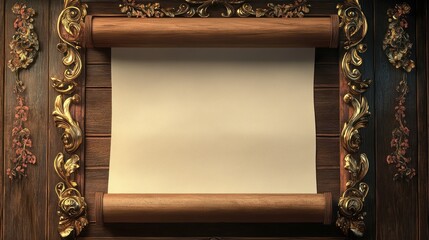 Blank parchment scroll, ornate wooden frame, studio background, announcement
