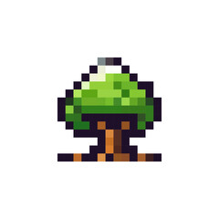 Pixel tree. Pixel art style tree. Tree logo in 8 bit style. Logo for game design and gaming. Vector illustration.