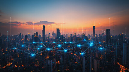 Fototapeta premium Abstract business man stands on the peak of success amid tall, innovative Smart city and graphs with statistics to analyze business potential and predict future developments in company growth.