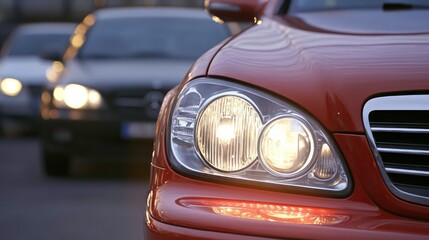 Fototapeta premium Close-up of illuminated headlights on a red car in city traffic at night.