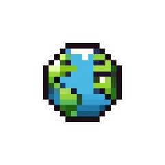 Pixel icon of planet earth. Earth ecology icon in pixel style. Earth globe in 8 bit style. Simple pixel icon of earth circle.