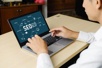 SEO search engine optimization for modish e-commerce and online retail business showing on computer...