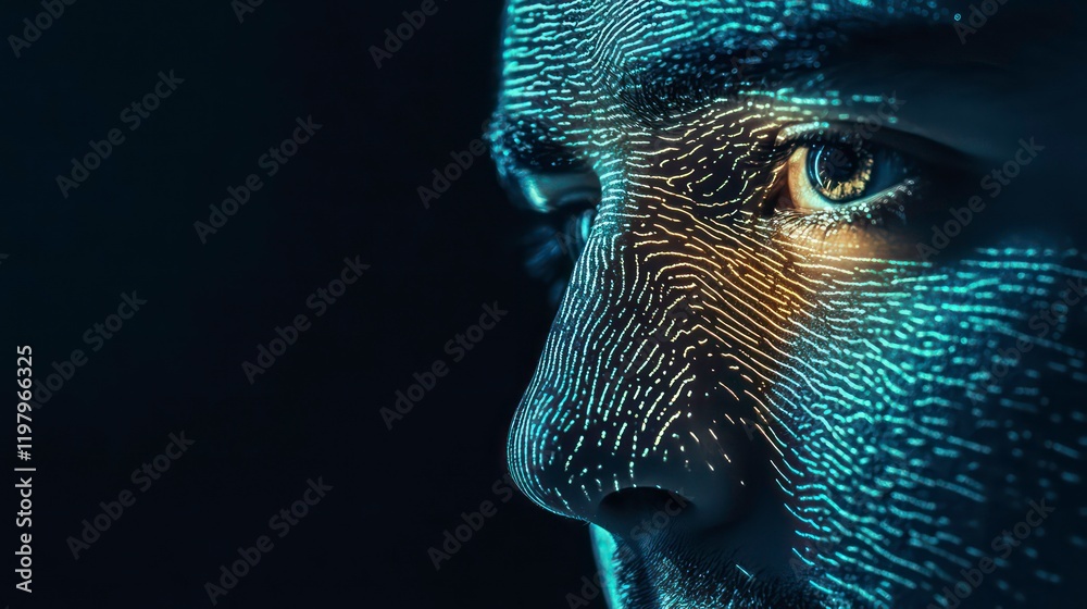 Aufkleber close-up profile of a man's face overlaid with a digital pattern, suggesting technology and identity