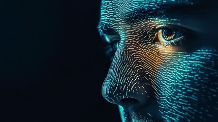 Close-up profile of a man's face overlaid with a digital pattern, suggesting technology and identity.