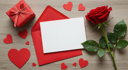 A blank white valentine day post card or greeting card on wooden surface the card is nestled within a vibrant red envelope and red hearts scattered around it and a red rose