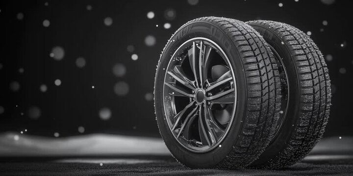 Set of winter tires standing on black background showing tread pattern	