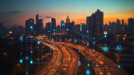Fototapeta premium Abstract business man stands on the peak of success amid tall, innovative Smart city and graphs with statistics to analyze business potential and predict future developments in company growth.