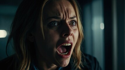 Close-up of a frightened woman screaming, her face filled with fear, set in a dark and tense cinematic atmosphere.  
