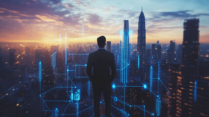 Abstract business man stands on the peak of success amid tall, innovative Smart city and graphs with statistics to analyze business potential and predict future developments in company growth.