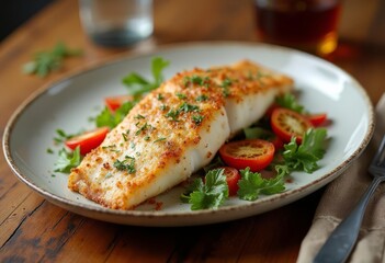 Fish dish - fried cod fillet with asparagus on wooden table