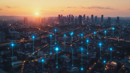 Fototapeta premium Abstract business man stands on the peak of success amid tall, innovative Smart city and graphs with statistics to analyze business potential and predict future developments in company growth.