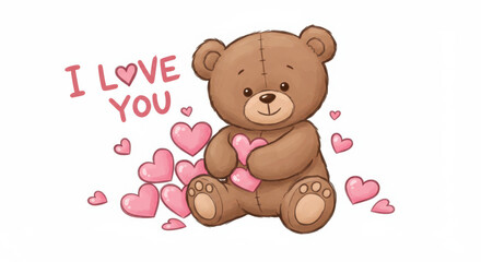 Fototapeta premium A charming illustration of a happy brown teddy bear holding a cluster of pink hearts above the bear the phrase I LOVE YOU is written valentines day teddy bear Holding Love
