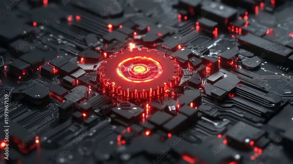 Aufkleber Glowing red gear in a complex circuit board.
