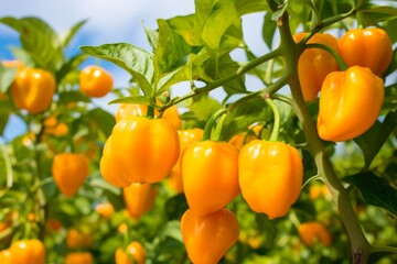 Fresh and Ripe Habanero Peppers on Habanero Plant. Spicy Organic Chili Fruit Straight from the Garden