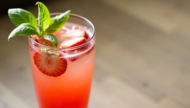 Refreshing strawberry spritzer with basil garnish for summer beverage delight