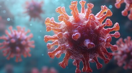 Microscopic View of a Virus Particle, Red and Blue Hues