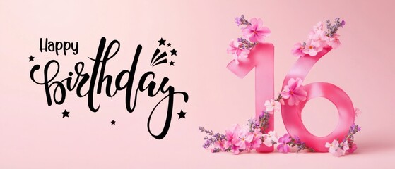 Naklejka premium Happy 16th Birthday Pink Floral Celebration Banner Design