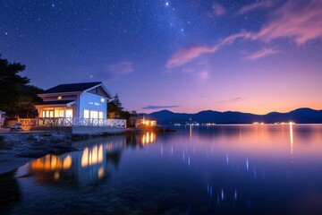 Fototapeta premium A calm night sky with a full moon casting its glow over a serene ocean, with stars sparkling above