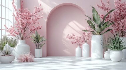Fototapeta premium Pink Paradise: A serene interior scene showcasing a minimalist aesthetic with pale pink walls and an arched doorway.