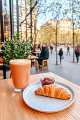 Cafetería parisina en primavera con croissant y bebida caliente