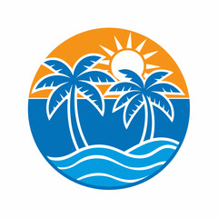 Two palm trees stand against a vibrant sunset, framed by a circular design that incorporates waves and a bright sun