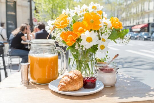 Brunch en una terraza parisina con flores brillantes y delicias en primavera
