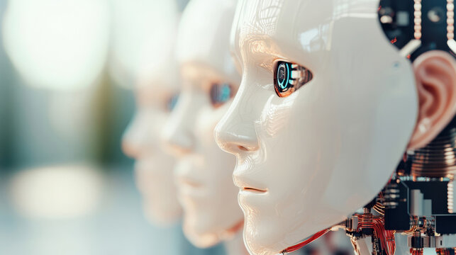 Humanoid robot faces displaying artificial intelligence and machine learning, highlighting advancements in robotics and technology while emphasizing the future of automation and innovation