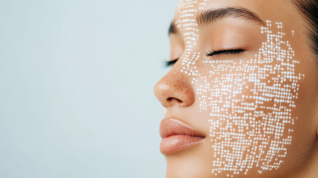 Futuristic facial recognition technology scans a woman's face, creating a network of glowing dots and lines, highlighting the intersection of beauty and technology