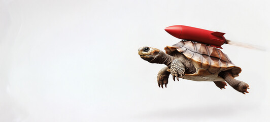 A turtle flying in the air with a red rocket on its back