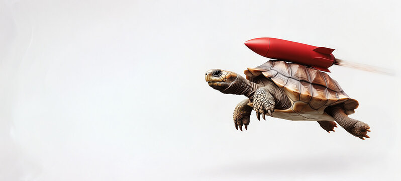 A turtle flying in the air with a red rocket on its back