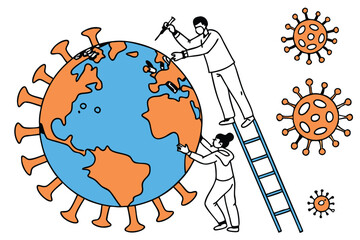 Minimalist illustration, tiny people cleaning a giant globe, educational concept, flat design, bright colors, blue and orange, teamwork, world maintenance, ladder, cartoon style, white background, sim