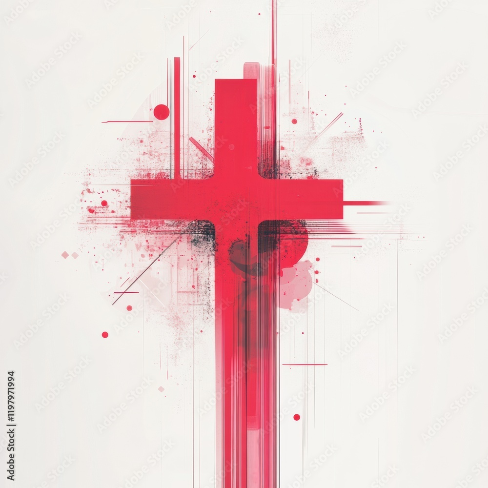 Aufkleber Red cross abstraction depicting modern artistry with vibrant colors and bold design elements in a minimalistic style. Generative AI