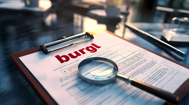 3d rendered "burgl" in bold red text under a magnifying glass on a clipboard paper, 3d rendered on a table. Moonbark. Illustration