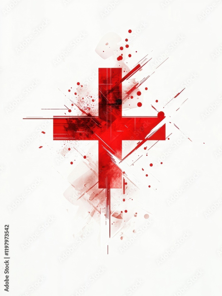 Poster Prominent red cross abstraction featuring dynamic splatter and line effects on a light background. Generative AI