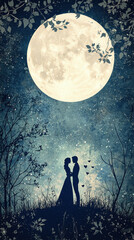 Silhouettes of couples under a full moon for a romantic Valentine's Day background