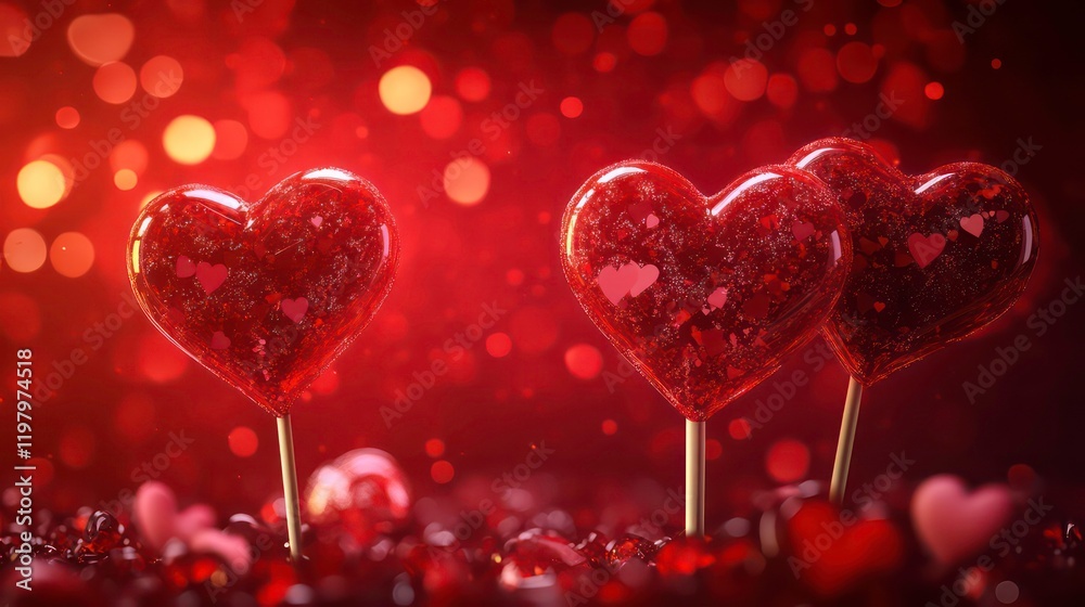 Poster three red heart-shaped lollipops on sticks, surrounded by smaller hearts against a bokeh background.