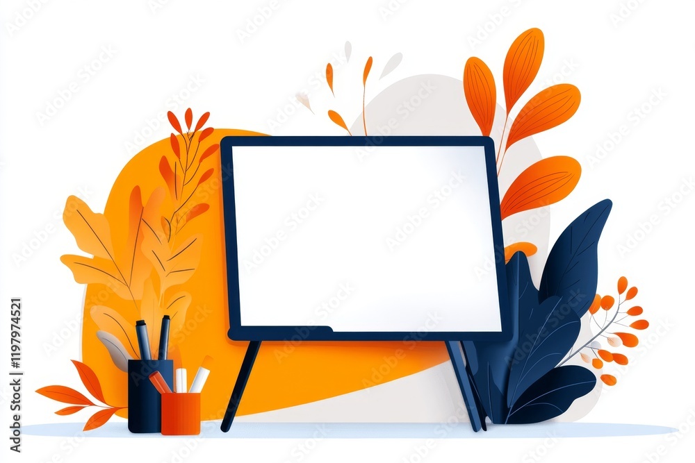 Aufkleber A flat 2D illustration of a simple whiteboard with a marker tray, drawn with clean lines and soft pastel tones, set against a white background