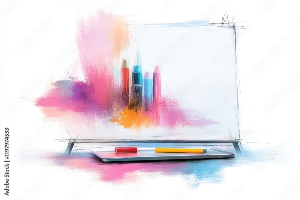 Poster a flat 2d illustration of a simple whiteboard with a marker tray, drawn with clean lines and soft pa
