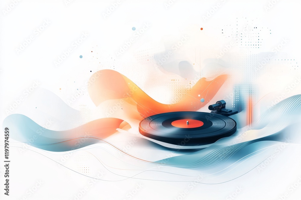 Poster a flat 2d illustration of a vinyl record player with a glowing red light, set on a clean white backg