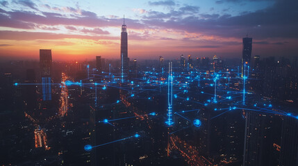 Obraz premium Abstract business man stands on the peak of success amid tall, innovative Smart city and graphs with statistics to analyze business potential and predict future developments in company growth.