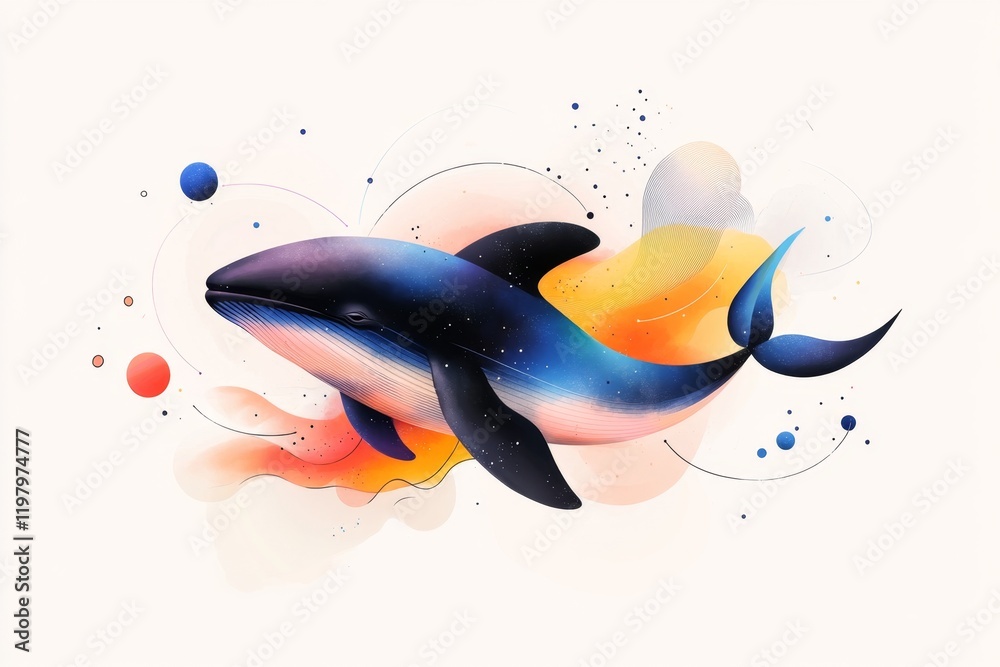 Aufkleber a flat, abstract design of a whale with curved lines representing its body and waves, all in muted p