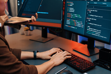 Serious of IT developers discussing intelligent website development coder system running data...