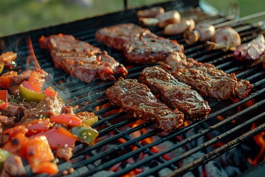 Delicious steak and vegetables grilling on a hot barbecue with smoke rising up from the grill