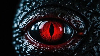 Intense close-up of a red, slit-pupil reptilian eye surrounded by textured dark scales, creating a striking and mysterious appearance.  
