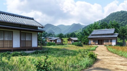 Rural Japanese village houses, path, mountain backdrop, summer day, tourism