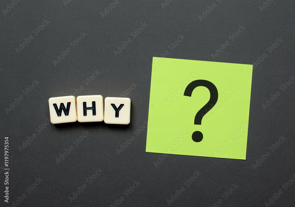 Poster text with why question on sticky note background for inquiry and curiosity