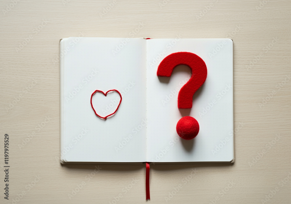 Poster notebook with heart and question mark symbolizing emotions and curiosity in a creative design
