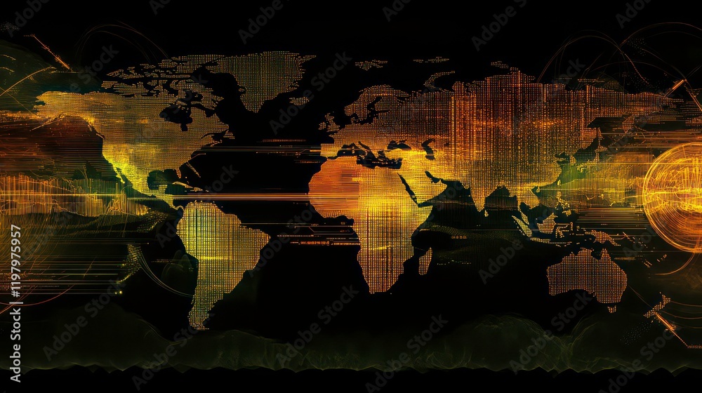 Poster Global network connection, world map with digital data streams and glowing lines.